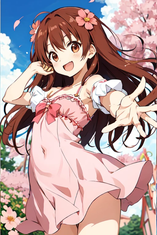megumi hayakawa, megumi`s magical transformation, a cartoon girl holding up a heart shaped object with a pink dress on, 1girl, solo, brown hair, smile, hair ornament, semi-long hair, flat chest, small hips, hair flower, flower, dress, transparent background