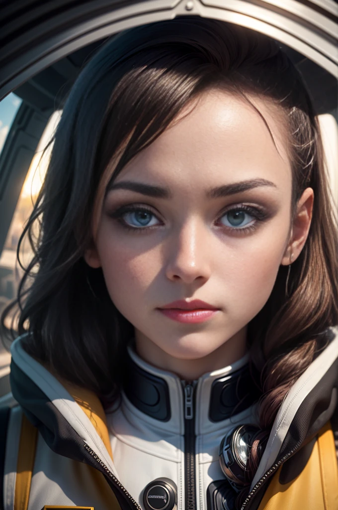 Mulher , (30 anos), (Orange Space Shuttle Uniform:1), Papel de parede 8k unificado, super detalhado, Beautiful and Aesthetic, Beautiful, master part, best quality, .RAW, master part, foto super fina, best quality, Super high resolution, realismo foto realista, sunlight, retrato de corpo inteiro, amazing beauty, dynamic pose, rosto delicado, olhos vibrantes, (de frente), sits in the space capsule, esquema de cores azul, peito aberto, nave espacial abandonada muito detalhada, Rosto detalhado, fundo detalhado de estrelas complexas, Messy, gorgeous, milky ways, pele altamente detalhada, Detalhes realistas da pele, visible pores, sharp focus, volumetric fog, 8k UHD, HDR camera, alta qualidade, filmic grain, pele clara, Foto realism, Great space metropolis in future dystopia, visto de baixo, translucent