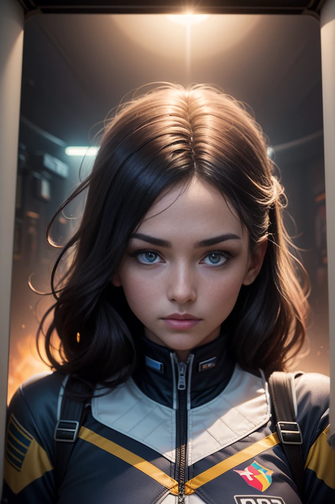 Mulher , (30 anos), (Orange Space Shuttle Uniform:1), Papel de parede 8k unificado, super detalhado, Beautiful and Aesthetic, Beautiful, master part, best quality, .RAW, master part, foto super fina, best quality, Super high resolution, realismo foto realista, sunlight, retrato de corpo inteiro, amazing beauty, dynamic pose, rosto delicado, olhos vibrantes, (de frente), sits in the space capsule, esquema de cores azul, peito aberto, nave espacial abandonada muito detalhada, Rosto detalhado, fundo detalhado de estrelas complexas, Messy, gorgeous, milky ways, pele altamente detalhada, Detalhes realistas da pele, visible pores, sharp focus, volumetric fog, 8k UHD, HDR camera, alta qualidade, filmic grain, pele clara, Foto realism, Great space metropolis in future dystopia, visto de baixo, translucent