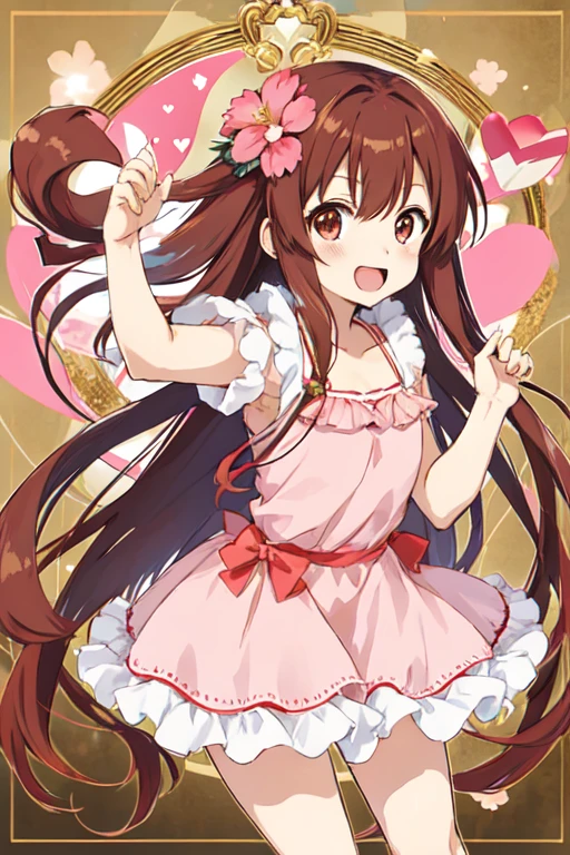 megumi hayakawa, megumi`s magical transformation, a cartoon girl holding up a heart shaped object with a pink dress on, 1girl, solo, brown hair, smile, hair ornament, semi-long hair, flat chest, small hips, hair flower, flower, dress, transparent background
