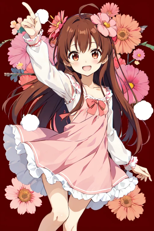 megumi hayakawa, megumi`s magical transformation, a cartoon girl holding up a heart shaped object with a pink dress on, 1girl, solo, brown hair, smile, hair ornament, semi-long hair, flat chest, small hips, hair flower, flower, dress, transparent background