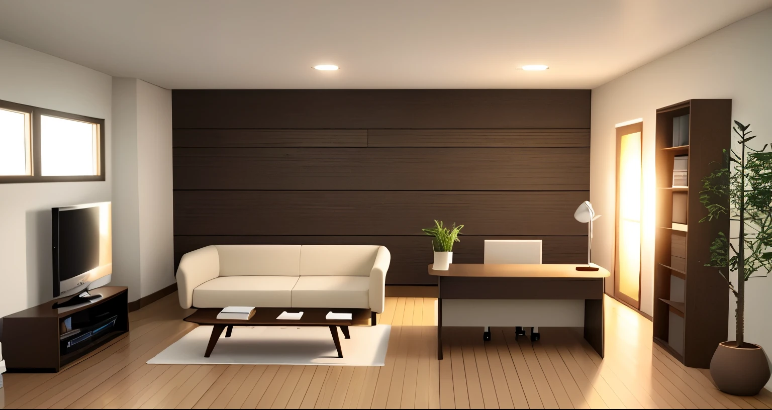 Soft light from a single window、Warm and dark Western-style room、Light beige, brown and white、soft light、Wooden tile floor、Laptop on a wooden desk、bookshelf、tv set、Doctor&#39;s Office、Medical office、3D illustration style、Hospital medical department、Cartoon illustration style