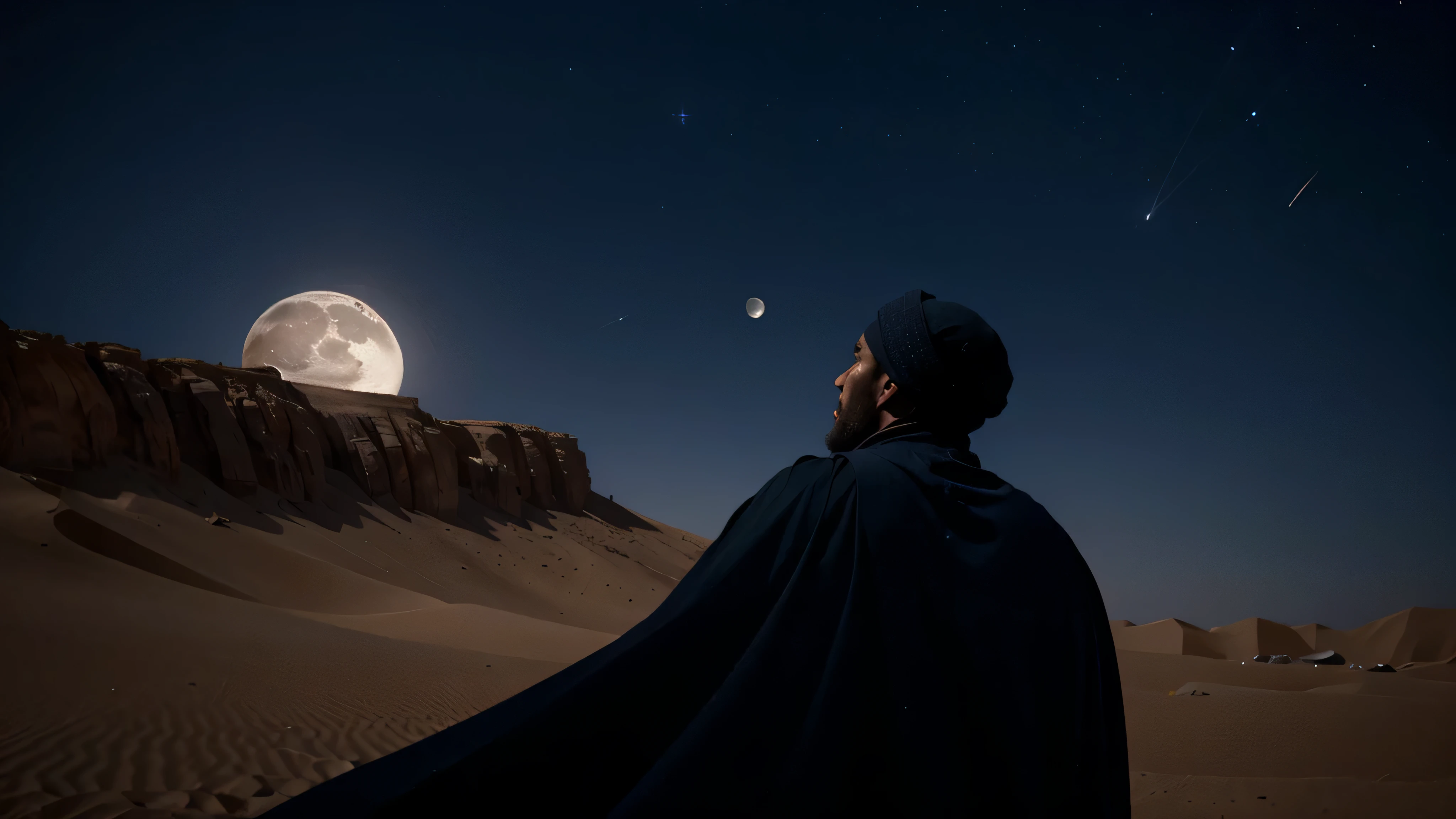 The moon and stars in the dark blue sky. The prophet looks up into the sky like a shadow from a small mosque in the desert.