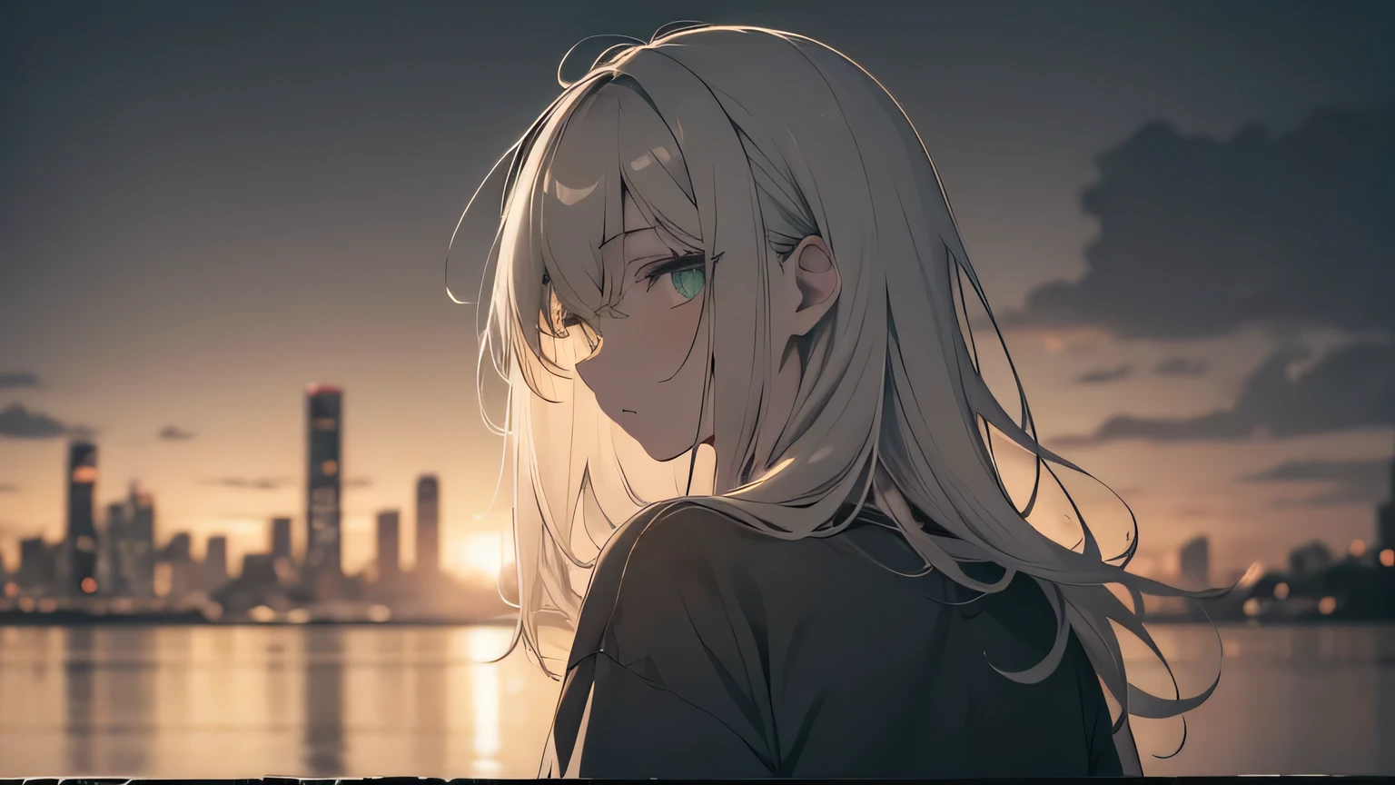 Faded tones, monochrome, slightly darker orange tone, cool women's long bangs, hipster, gray hair, upper ????? shot, Androgynous girls, monochrome, black, green, camisole, big blurry background, city at dawn, think back, Overall blurry image, fine eyes, shining eyes