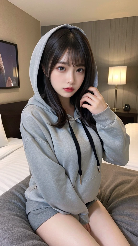 muste piece, best quality, illustration, Super detailed, fine details, High resolution, 8K,wall paper, perfect dynamic composition,(Details High quality, realistic depiction of eyes:1.3), (Oversized Light Gray Hoodie:1.2), Erotic Shorts, big breasts, short bob hair、black hair color, Big Natural Color Lip, bold sexy pose, (perfect body shape), crying a little、cold gaze, Harajuku style、20 year old girl、cute type、lolita、beautiful legs, hotel room, gravure idol