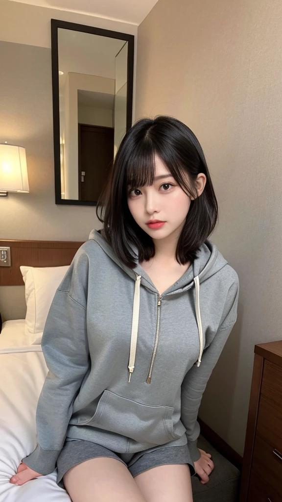 muste piece, best quality, illustration, Super detailed, fine details, High resolution, 8K,wall paper, perfect dynamic composition,(Details High quality, realistic depiction of eyes:1.3), (Oversized Light Gray Hoodie:1.2), ?????? Shorts, big breasts, short bob hair、black hair color, Big Natural Color Lip, bold sexy pose, (perfect body shape), crying a little、cold gaze, Harajuku style、20 year old girl、cute type、lolita、beautiful legs, hotel room, gravure idol