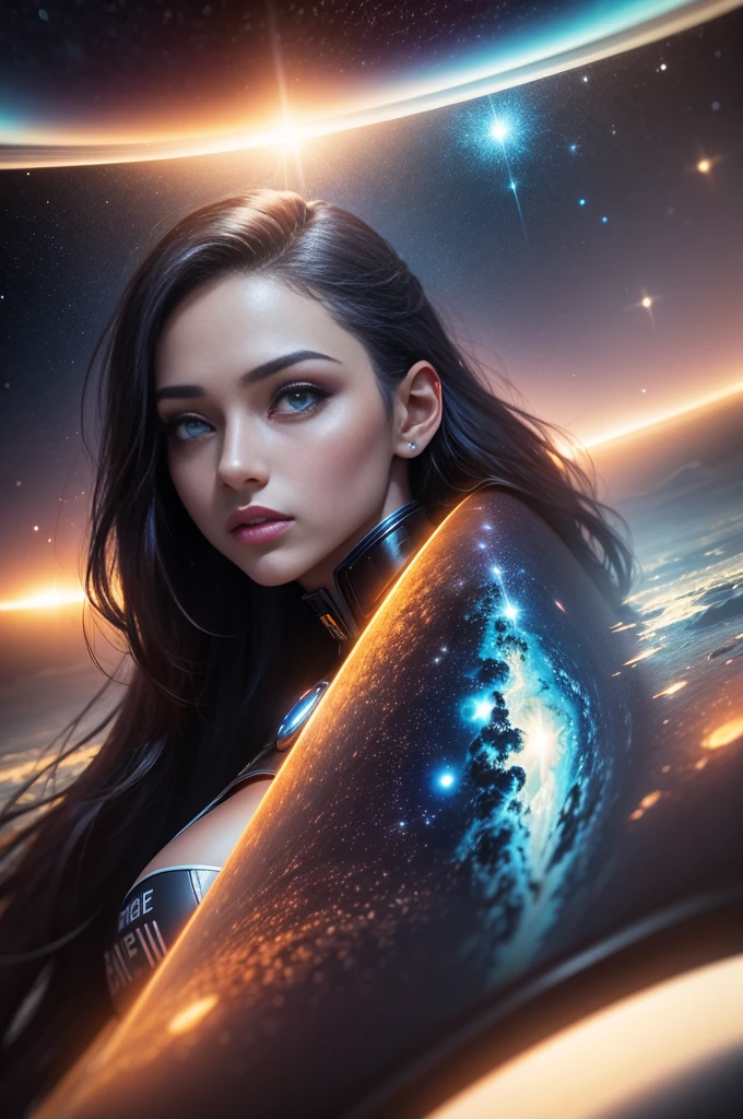 Mulher , (30 anos), (Orange Space Shuttle Uniform:1), Papel de parede 8k unificado, super detalhado, Beautiful and Aesthetic, Beautiful, master part, best quality, .RAW, master part, foto super fina, best quality, Super high resolution, realismo foto realista, sunlight, retrato de corpo inteiro, amazing beauty, dynamic pose, rosto delicado, olhos vibrantes, (de frente), sits in the space capsule, esquema de cores azul, peito aberto, nave espacial abandonada muito detalhada, Rosto detalhado, fundo detalhado de estrelas complexas, Messy, gorgeous, milky ways, pele altamente detalhada, Detalhes realistas da pele, visible pores, sharp focus, volumetric fog, 8k UHD, HDR camera, alta qualidade, filmic grain, pele clara, Foto realism, Great space metropolis in future dystopia, visto de baixo, translucent