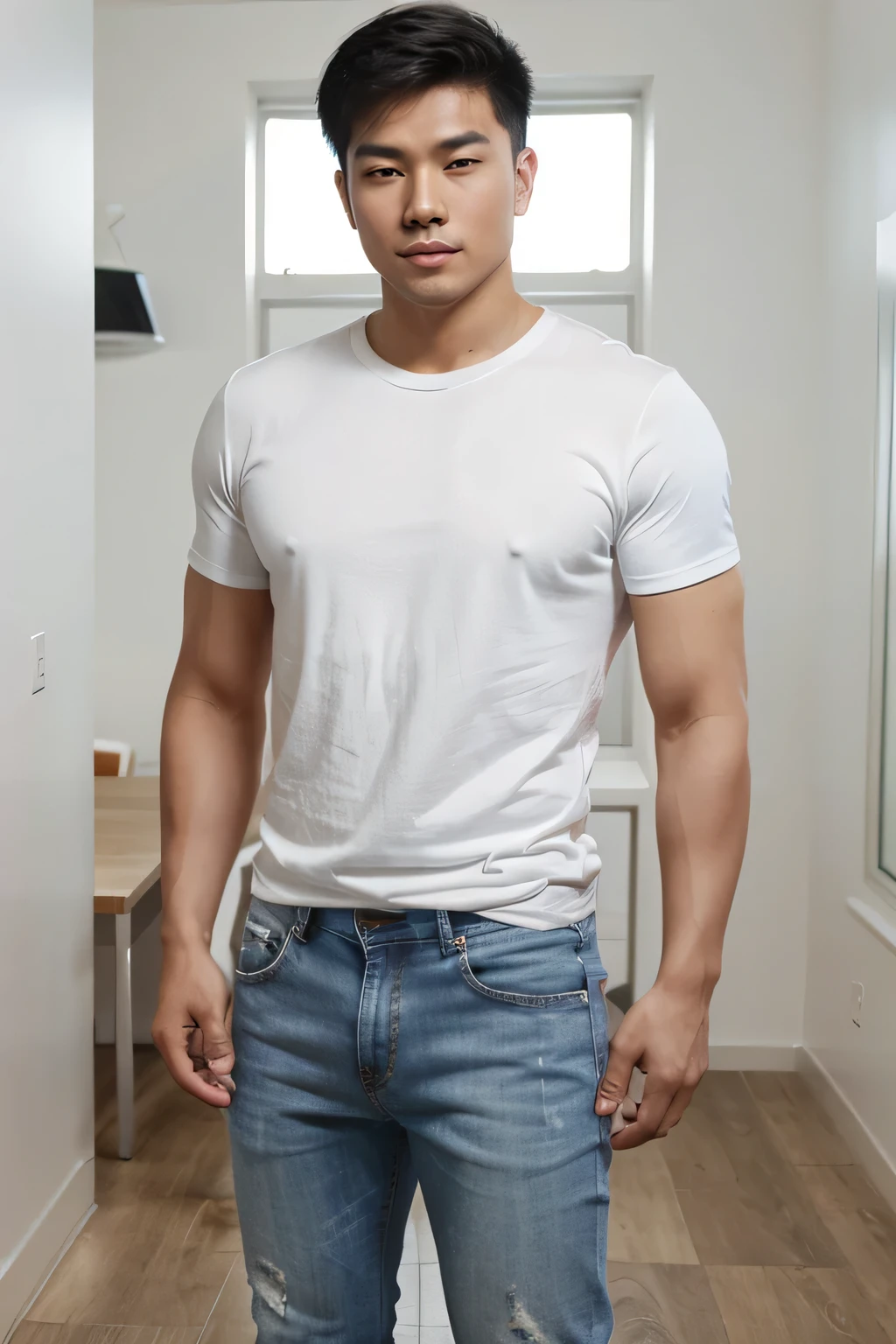 Good looking asian guy, on white t-shirt with jeans, whole body