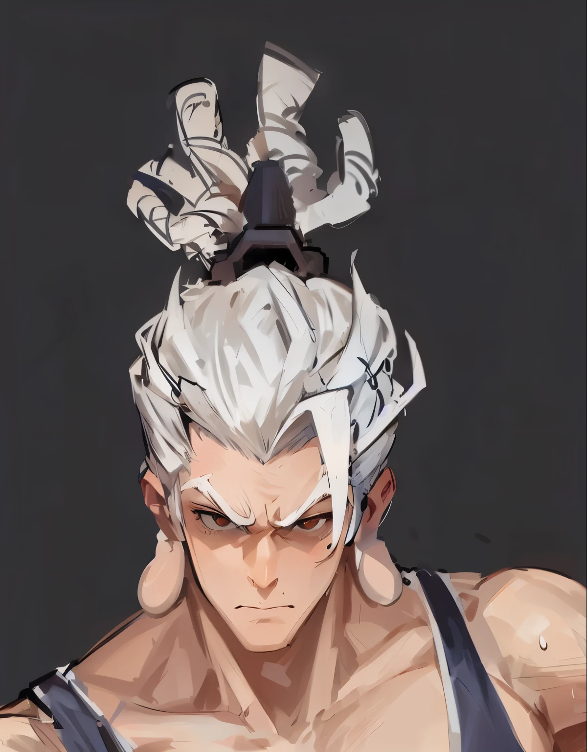 White dirty braids,handsome man,Wearing a gray vest,muscle,