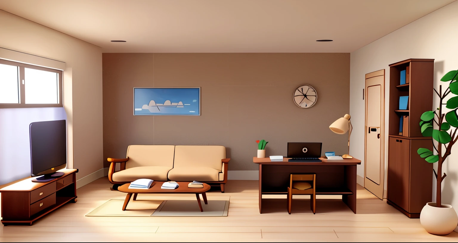 Soft light from a single window、Warm and dark Western-style room、Light beige, brown and white、soft light、Wooden tile floor、Laptop on a wooden desk、bookshelf、tv set、Doctor's Office、Medical office、3D illustration style、Hospital medical department、Cartoon illustration style
