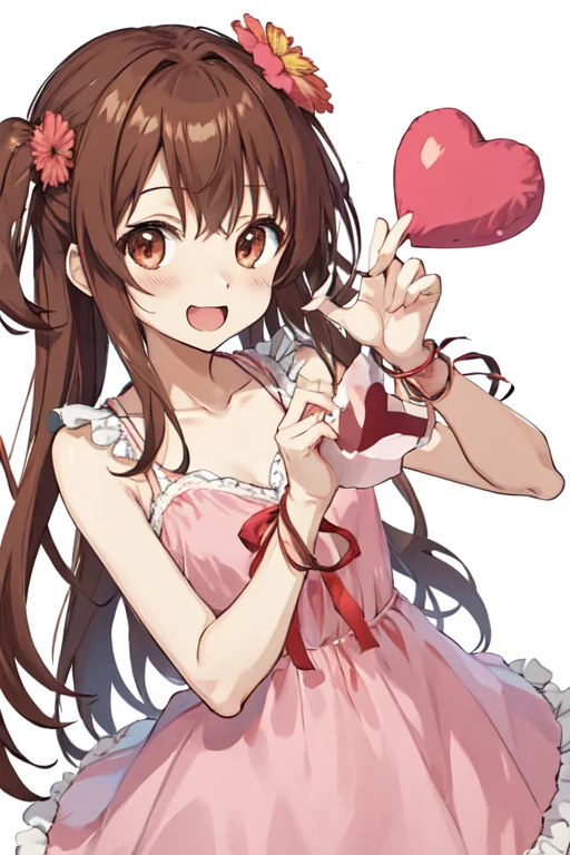 megumi hayakawa, megumi`s magical transformation, torn clothes:1.3, ripping clothes:1.3, bursting clothes:1.3, a cartoon girl holding up a heart shaped object with a pink dress on, 1girl, solo, brown hair, smile, hair ornament, semi-long hair, flat chest, small hips, hair flower, flower, dress, transparent background