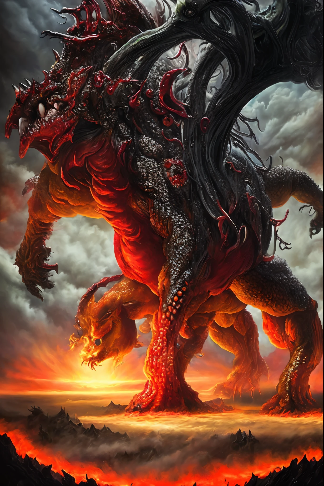 Stable Diffusion prompt:
A monstrous creature with a dark red massive body, hyper-realistic, reverse-jointed, headless, merged with a huge tumor, with a horse's torso, resembling a Darkest Dungeon Painting, covered in numerous eyeballs and adorned with multiple hands, (best quality, 4k, highres, masterpiece:1.2), ultra-detailed, (realistic, photorealistic:1.37), surrealistic horror artwork, vibrant colors, dramatic lighting.