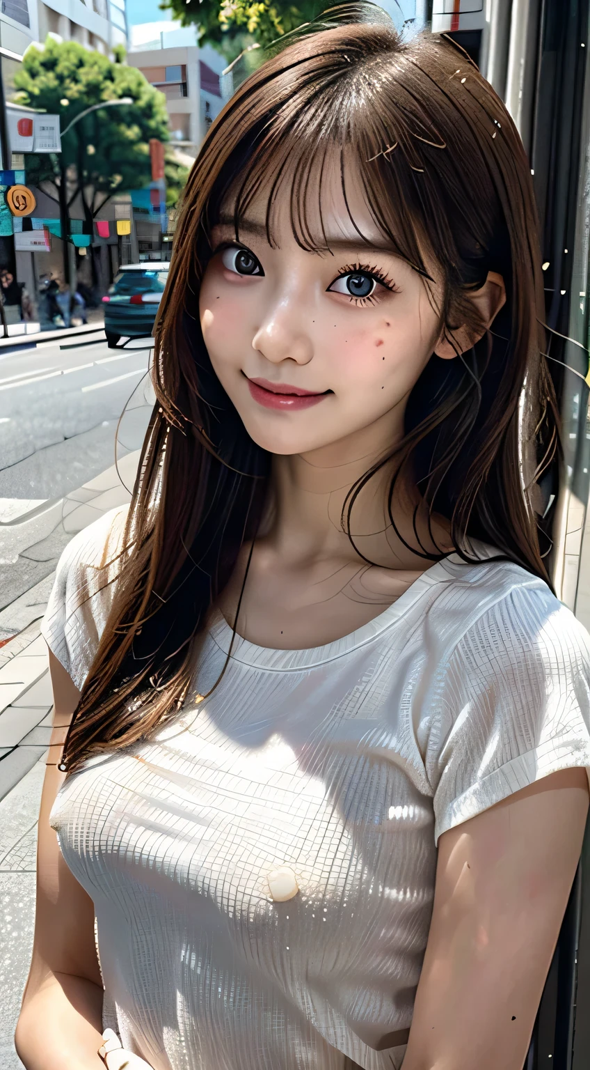 (very realistic pictures, High resolution, detailed face, fine eyes) thin japanese woman, 28 years old, 1 girl, (1 Ultimate beauty), highly detailed face, (perfect teeth), detailed eye, double eyelid, eyelash, grin and laugh, lip details, brunette bob,  toned body shape, very small breasts, very thin waist, casual clothes, on the road, full body photo,cute freckles