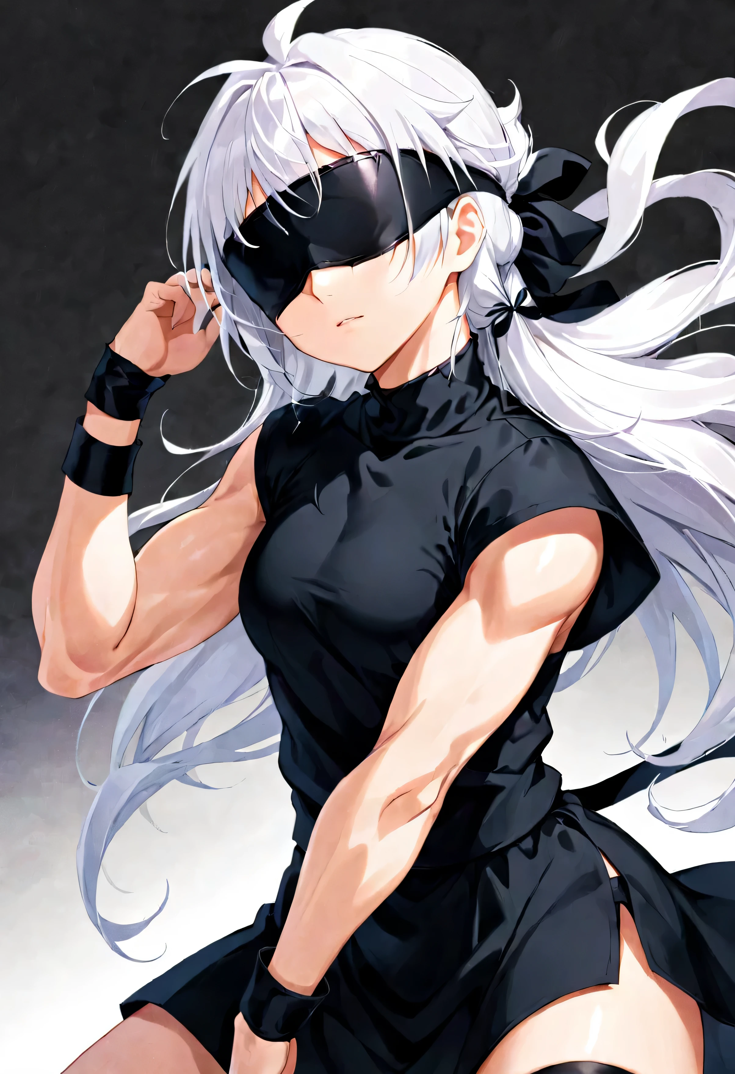 Gojo satoru, black clothing, black blindfold, lean muscles, white hair