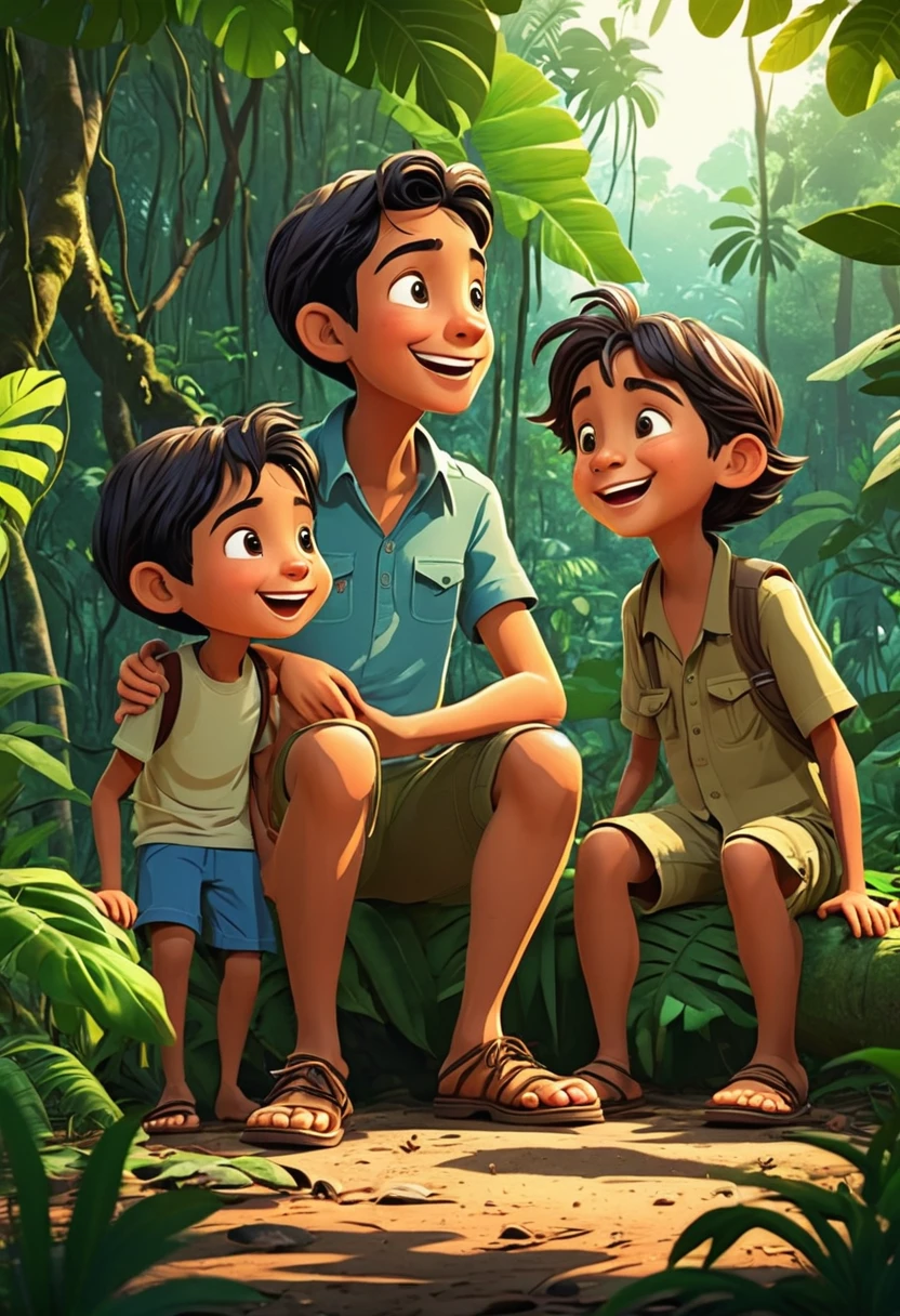 A closing scene showing a boy  with his family, sharing his adventurous experience in the jungle and expressing gratitude for their love and teachings. Cartoon style 
