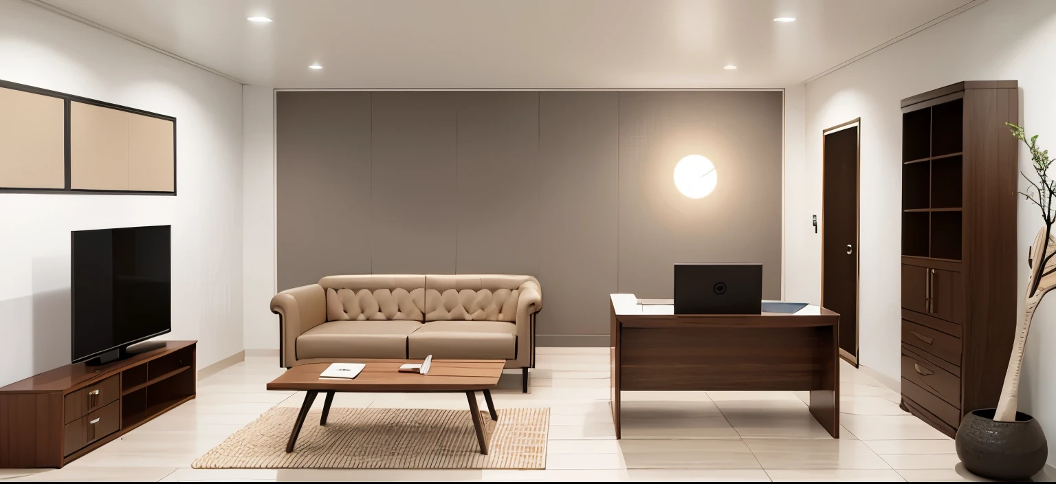 Soft light from a single window、Warm and dark Western-style room、Light beige, brown and white、soft light、Wooden tile floor、Laptop on a wooden desk、bookshelf、tv set、Doctor's Office、Medical office、3D illustration style、Hospital medical department、