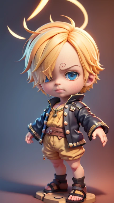 cute 3d render, cute detailed digital art, male explorer mini cute boy, cute digital painting, stylized 3d render, cute digital art, cute render 3d anime boy, Sanji the little pirate looks up, cute! c4d, portrait anime sea pirate boy, he is wearing an open long-sleeved black cardigan with four buttons, with a yellow sash tied around his waist, blue shorts with cuffs, sandals. 