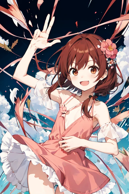 megumi hayakawa, 10yo, megumi`s magical transformation, torn clothes:1.3, ripping clothes:1.3, bursting clothes:1.3, a cartoon girl holding up a heart shaped object with a pink dress on, 1girl, solo, brown hair, smile, hair ornament, semi-long hair, flat chest, small hips, hair flower, flower, dress, transparent background