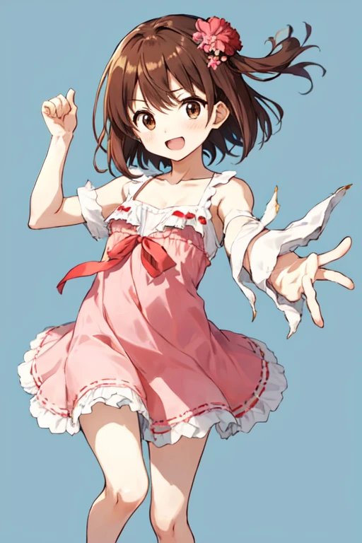 megumi hayakawa, 10yo, megumi`s magical transformation, torn clothes:1.3, ripping clothes:1.3, bursting clothes:1.3, a cartoon girl holding up a heart shaped object with a pink dress on, 1girl, solo, brown hair, smile, hair ornament, semi-long hair, flat chest, small hips, hair flower, flower, dress, transparent background