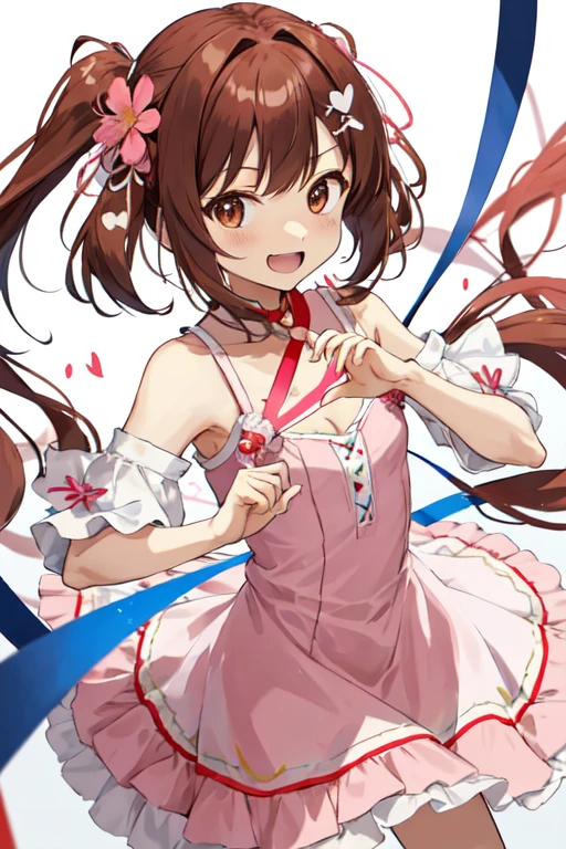 megumi hayakawa, 10yo, megumi`s magical transformation, torn clothes:1.3, ripping clothes:1.3, bursting clothes:1.3, a cartoon girl holding up a heart shaped object with a pink dress on, 1girl, solo, brown hair, smile, hair ornament, semi-long hair, flat chest, small hips, hair flower, flower, dress, transparent background