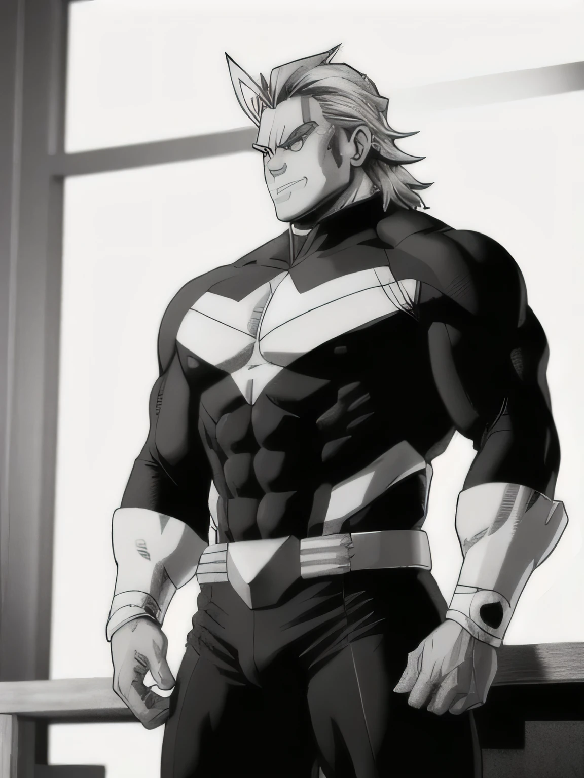 nsfw, best quality, high resolution, allmight, monochrome manga, black bodysuit, hunk, lower body,