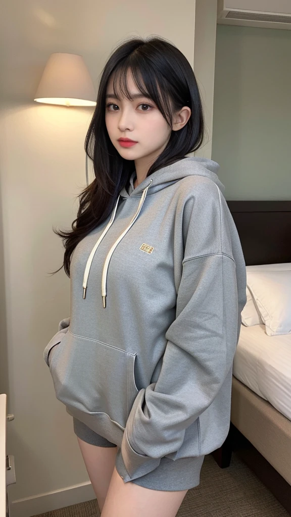 muste piece, best quality, illustration, Super detailed, fine details, High resolution, 8K,wall paper, perfect dynamic composition,(Details High quality, realistic depiction of eyes:1.3), (Oversized Light Gray Hoodie:1.2), Erotic Shorts, big breasts, short bob hair、black hair color, Big Natural Color Lip, bold sexy pose, (perfect body shape), crying a little、cold gaze, Harajuku style、20 year old girl、cute type、lolita、beautiful legs, hotel room, gravure idol