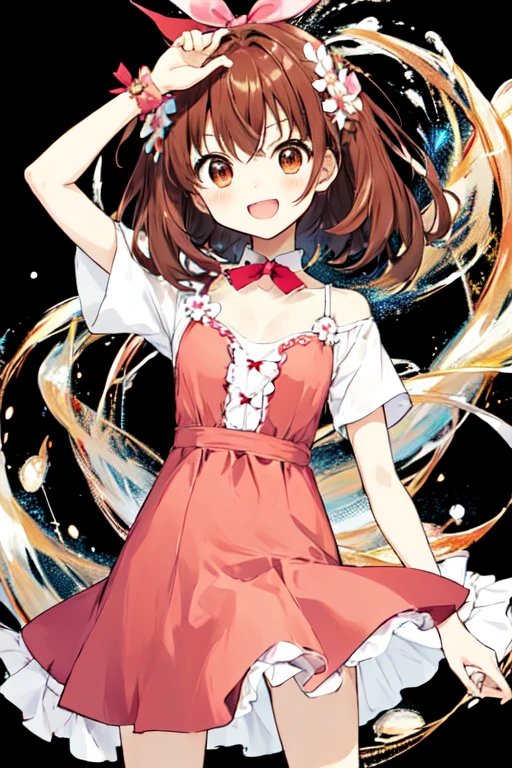 megumi hayakawa, yo, megumi`s magical transformation, torn clothes:1.3, ripping clothes:1.3, bursting clothes:1.3, a cartoon girl holding up a heart shaped object with a pink dress on, 1girl, solo, brown hair, smile, hair ornament, semi-long hair, flat chest, small hips, hair flower, flower, dress, transparent background