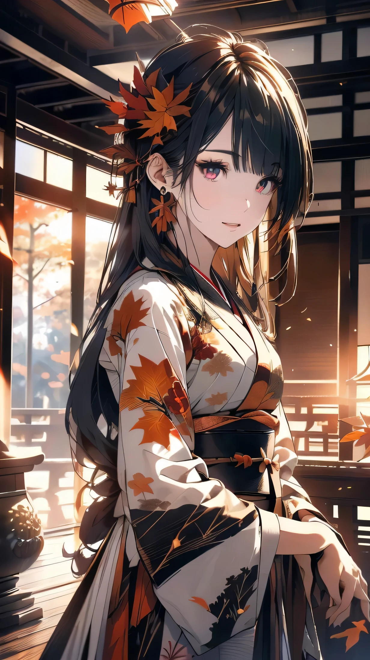 ((masterpiece,High resolution,8K quality,highest quality)),1 girl,((highly detailed face)),woman,delicate eyes,((deep red eyes)),((hairstyle on:straight long,black haired,Hair exposed to light turns dark red)),red classic pattern ribbon,Deep purple kimono with classic pattern,Modern buttons,Taisho,Smile elegantly,natural skin tone,Brown leather southern pattern collar,Light of the sun,sunset,((autumn's,autumn leaves,You can see the sunset from the veranda,Japanese garden,traditional japanese room,sunset,Watching the sunset from the porch)),
