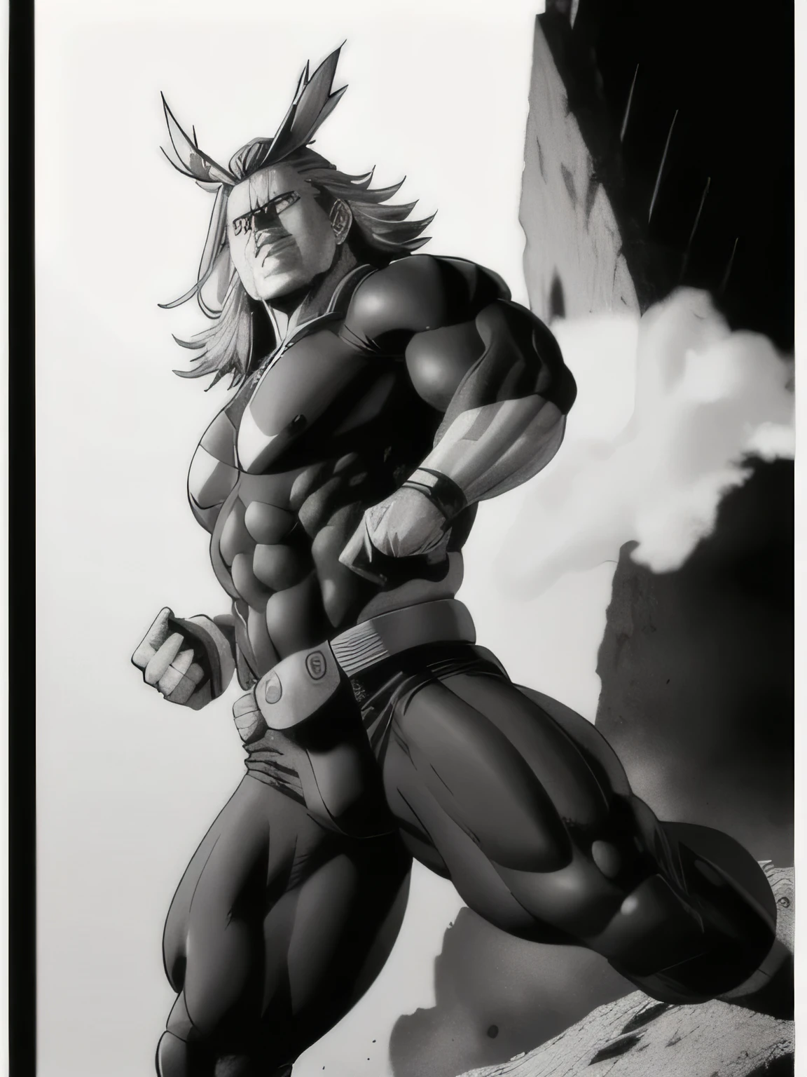 nsfw, best quality, high resolution, allmight, monochrome manga, black bodysuit, hunk, lower body,