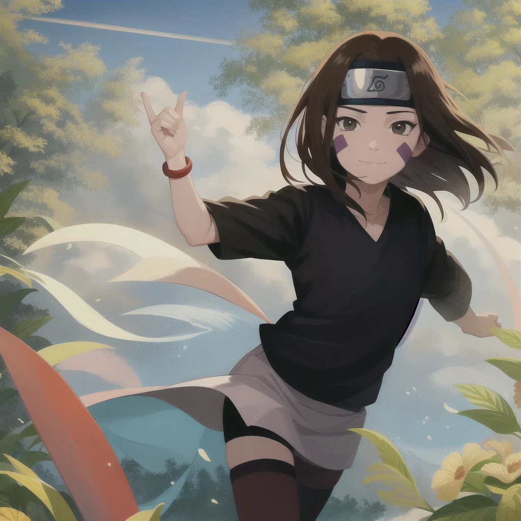 1girl, solo, brown hair, brown eyes, short hair, forehead protector, smile, (black shirt:1.1), facial mark, long sleeves, bracelet, konohagakure symbol, headband, collarbone, bike shorts, bangs, thighhighs, bandages,black thighhighs,outdoors,forest,day,cloud, looking at viewer, closed mouth, portrait,  lips,