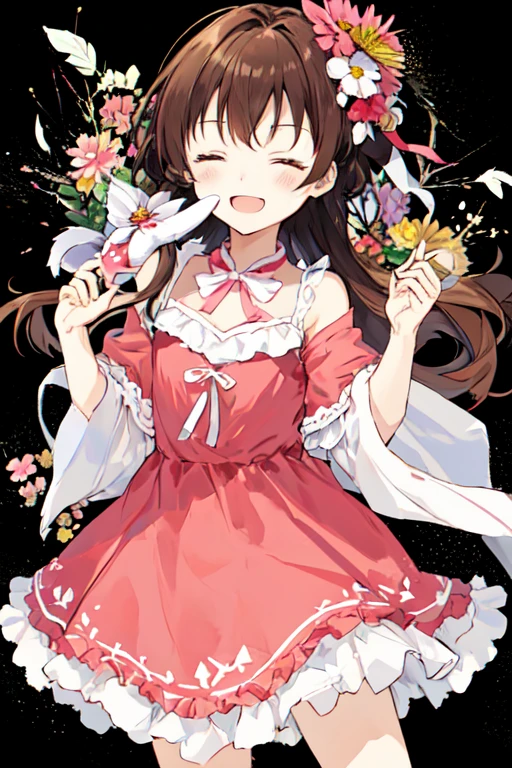 closed eyes, megumi hayakawa, 10yo, megumi`s magical transformation, torn clothes:1.3, ripping clothes:1.3, bursting clothes:1.3, a cartoon girl holding up a heart shaped object with a pink dress on, 1girl, solo, brown hair, smile, hair ornament, semi-long hair, flat chest, small hips, hair flower, flower, dress, transparent background