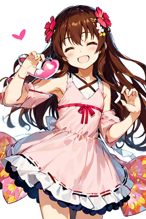 closed eyes, megumi hayakawa, 10yo, megumi`s magical transformation, torn clothes:1.3, ripping clothes:1.3, bursting clothes:1.3, a cartoon girl holding up a heart shaped object with a pink dress on, 1girl, solo, brown hair, smile, hair ornament, semi-long hair, flat chest, small hips, hair flower, flower, dress, transparent background