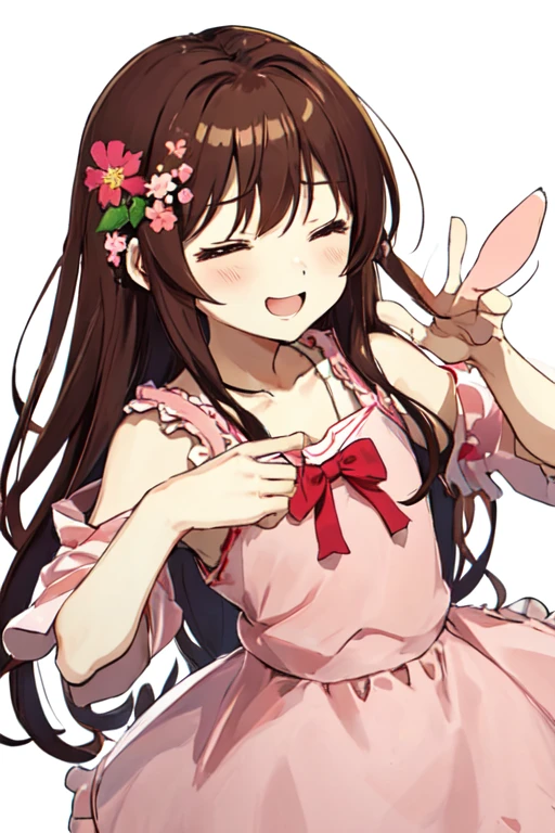 closed eyes, megumi hayakawa, 10yo, megumi`s magical transformation, torn clothes:1.3, ripping clothes:1.3, bursting clothes:1.3, a cartoon girl holding up a heart shaped object with a pink dress on, 1girl, solo, brown hair, smile, hair ornament, semi-long hair, flat chest, small hips, hair flower, flower, dress, transparent background
