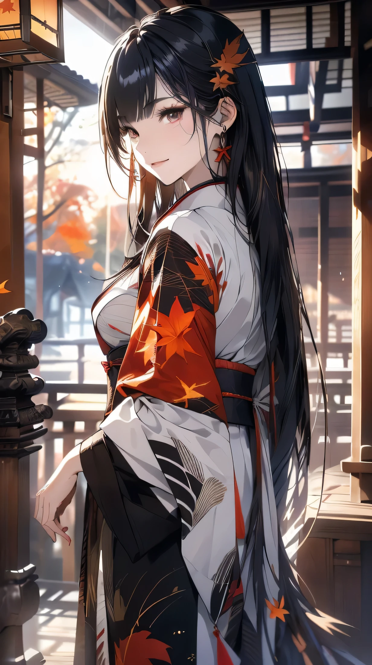 ((masterpiece,High resolution,8K quality,highest quality)),1 girl,((highly detailed face)),woman,delicate eyes,((deep red eyes)),((hairstyle on:straight long,black haired,Hair exposed to light turns dark red)),red classic pattern ribbon,Deep purple kimono with classic pattern,Modern buttons,Taisho,Smile elegantly,natural skin tone,Brown leather southern pattern collar,Light of the sun,sunset,((autumn&#39;s,autumn leaves,You can see the sunset from the veranda,Japanese garden,traditional japanese room,sunset,Watching the sunset from the porch)),