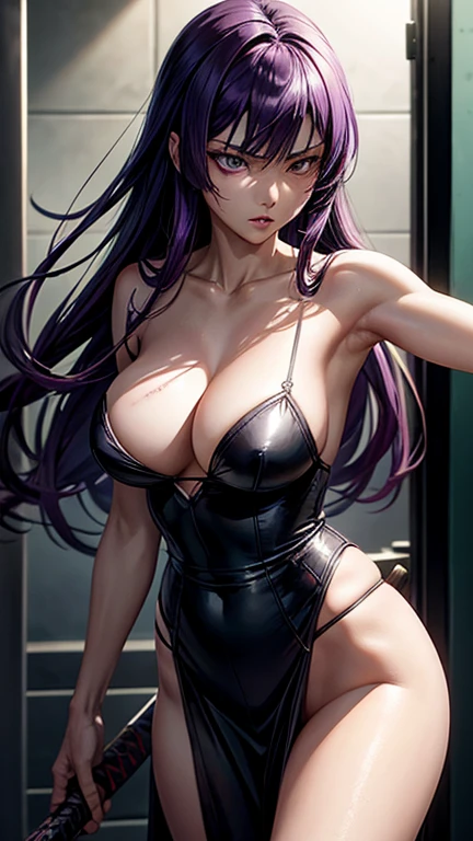 Saeko Busujima with detailed eyes and lips, flowing purple hair, epic scene, fierce expression, Long purple hair, slender figure, standing in a deserted school corridor, surrounded by a dark and mysterious atmosphere. She is holding a blood-stained katana with a menacing presence. The lighting is dramatic, creating strong shadows and highlighting her dangerous allure. The color tone is dark with hints of red, creating a sense of danger and intensity. The artwork is rendered in a realistic style, with intricate details and textures, capturing the essence of Saeko's character. The image is highly detailed, showcasing the delicate folds of her uniform, the shine of her weapon, and the intensity in her eyes. The overall composition exudes a sense of power and sensuality, capturing the beauty and strength of Saeko Busujima in this school girl outfit.