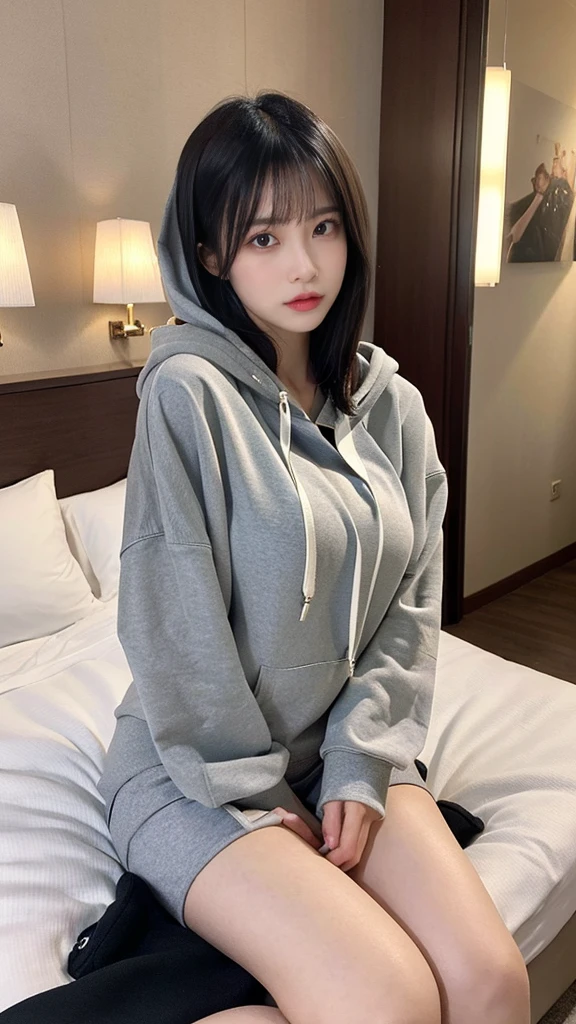 muste piece, best quality, illustration, Super detailed, fine details, High resolution, 8K,wall paper, perfect dynamic composition,(Details High quality, realistic depiction of eyes:1.3), (Oversized Light Gray Hoodie:1.2), Erotic Shorts, big breasts, short bob hair、black hair color, Big Natural Color Lip, bold sexy pose, (perfect body shape), crying a little、cold gaze, Harajuku style、20 year old girl、cute type、lolita、beautiful legs, hotel room, gravure idol