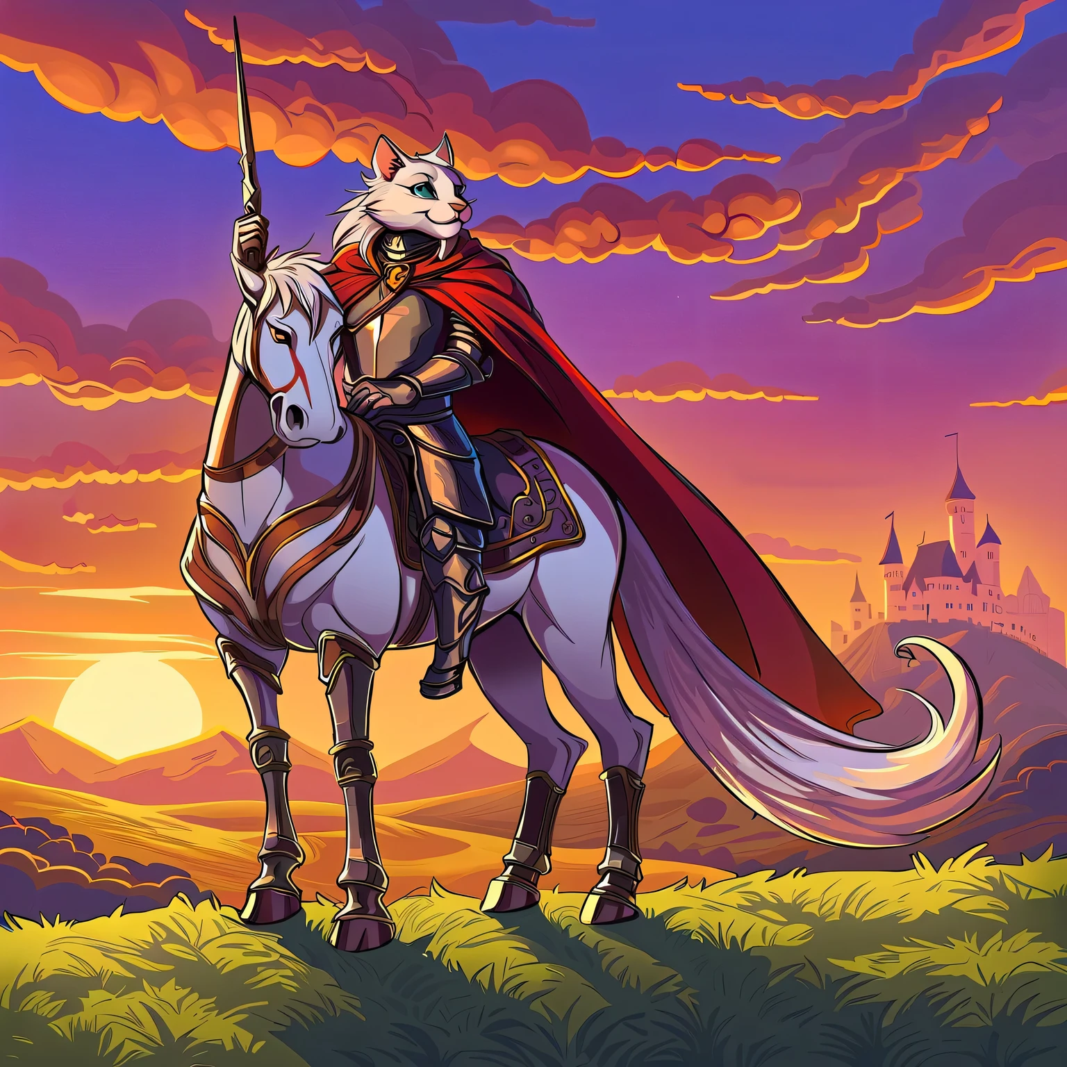 cartoon style,(Cat Knight),armor,shining sword,beard,expressive eyes,gaze,Ride on a majestic white horse,Delicate fur,fluffy tail,Standing on a grassy hill,Looking towards the castle in the distance,adventure,brave,noble,hero,Cloak flowing in the wind,proud gesture,a magnificent sunset,Exquisite details,Meticulous craftsmanship,Vibrant colors,Elegant art style,Fantasy medieval background,Use magical powers to defend the kingdom。