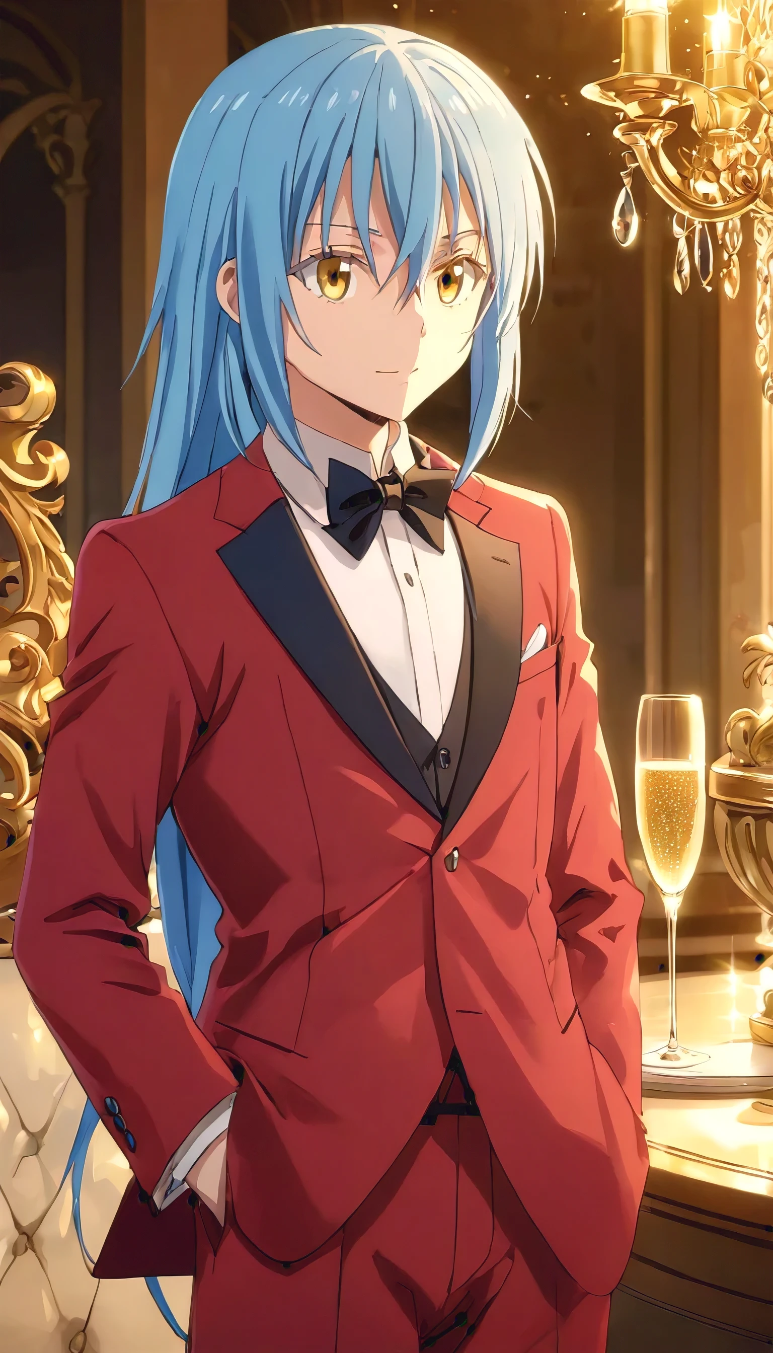 POV close up, grown young man, upper body, Rimuru Tempest, (best quality,4k,8k,highres,masterpiece:1.2),ultra-detailed,(realistic,photorealistic,photo-realistic:1.37),vivid colors, impressive lighting, royal , exquisite decorations, antique chandeliers, stunning, sparkling champagne glasses, settings, sparkling blurry background, romantic atmosphere, wearing suit, red suit, long blue hair, golden eyes, gentleman,not smiling, hands on his pockets