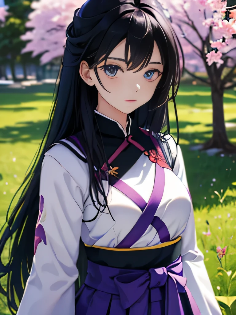 Anime girl ((high quality)), black hair ((high quality)), long hair ((high quality)), blue eyes ((high quality)), background with a purple cherry tree ((high quality)), green grasses with purple flowers ((high quality)), neutral expression ((high quality)), Japanese skirt ((high quality)), samurai clothing ((high quality)), black clothes ((high quality)).
