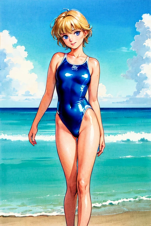 takada akemi, painting \(Moderate\), RETRO ARTstyle, traditional media, watercolor \(Moderate\), 1980s \(style\), (only one girl), ((alone)), short hair, blue eyes, blonde, smile, fine eyes, perfect functionality, (masterpiece), (highest quality:1.4), disorganized, [:intricate details:0.2], moist skin, shiny skin, Glossy skin, (masterpiece, highest quality, good quality:1.4), masterpiece, intricate details, ((2 piece swimsuit)), (looking at the viewer), outdoor, beach, close, sexy