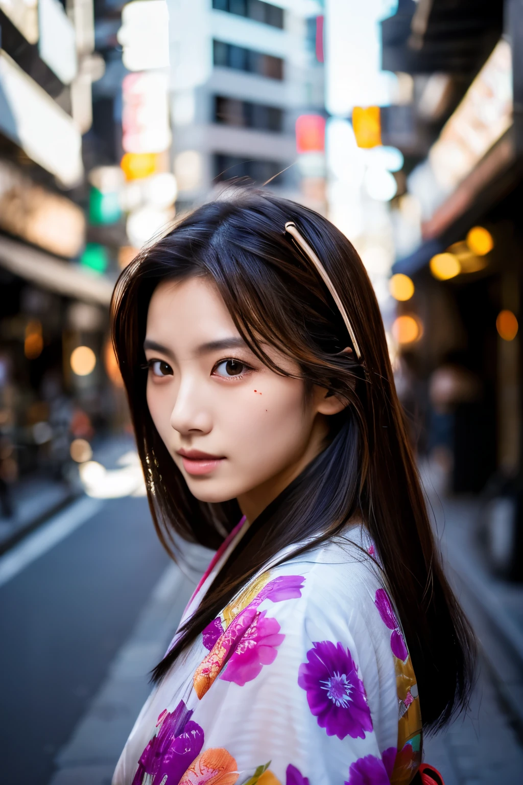 Beautiful Japanese supermodel woman, A lock of hair with slight highlights, black eyes, Sexy,street background,Gorgeous kimono , Liquid color flows across her face, Shooting against the light,Perfect facial lighting,mixed media