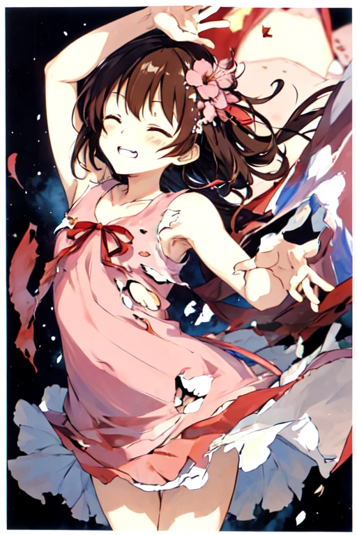 closed eyes, megumi hayakawa, 10yo, megumi`s magical transformation, ((torn clothes:1.3, ripping clothes:1.3, bursting clothes:1.3)), a cartoon girl holding up a heart shaped object with a pink dress on, 1girl, solo, brown hair, smile, hair ornament, semi-long hair, flat chest, small hips, hair flower, flower, dress, transparent background