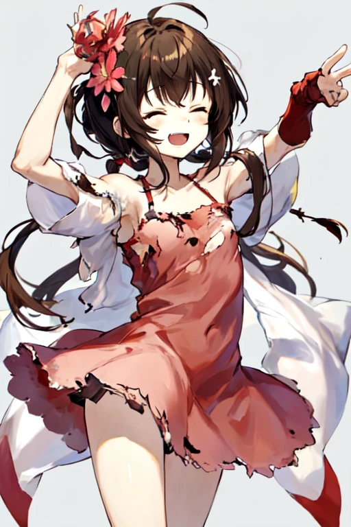 closed eyes, megumi hayakawa, 10yo, megumi`s magical transformation, ((torn clothes:1.3, ripping clothes:1.3, bursting clothes:1.3)), a cartoon girl holding up a heart shaped object with a pink dress on, 1girl, solo, brown hair, smile, hair ornament, semi-long hair, flat chest, small hips, hair flower, flower, dress, transparent background