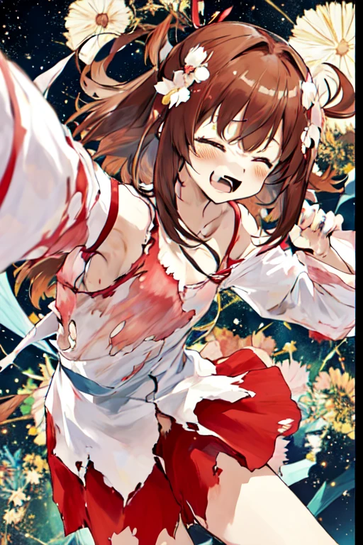 closed eyes, megumi hayakawa, 10yo, megumi`s magical transformation, ((torn clothes:1.3, ripping clothes:1.3, bursting clothes:1.3)), a cartoon girl holding up a heart shaped object with a pink dress on, 1girl, solo, brown hair, smile, hair ornament, semi-long hair, flat chest, small hips, hair flower, flower, dress, transparent background