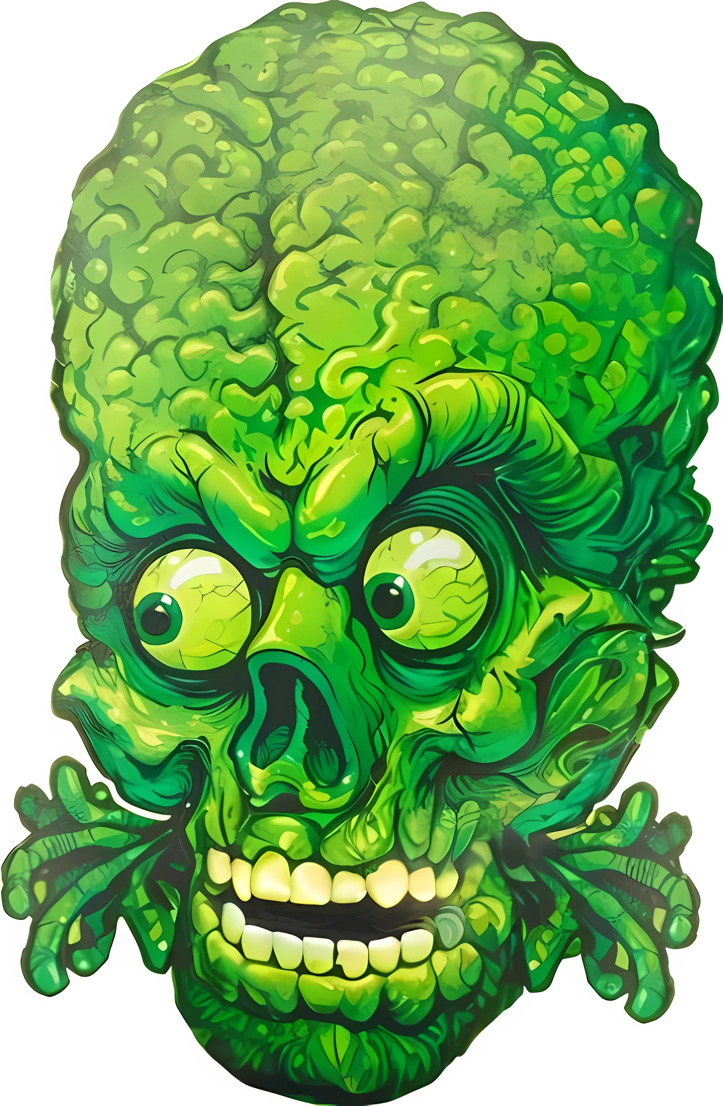 a close up of a green head of broccoli with a skull on it, mars attack, bad Acid Tour, when mars attack, Green Doom Guy, Psychedelic illustration, fungal god, green slime, green face, Rotten green skin, Radioactive horror painting, green slime everywhere, Acid Tour, green head, alex pardee, Psychedelic Cosmic Horror, Bad trip, psychological artwork