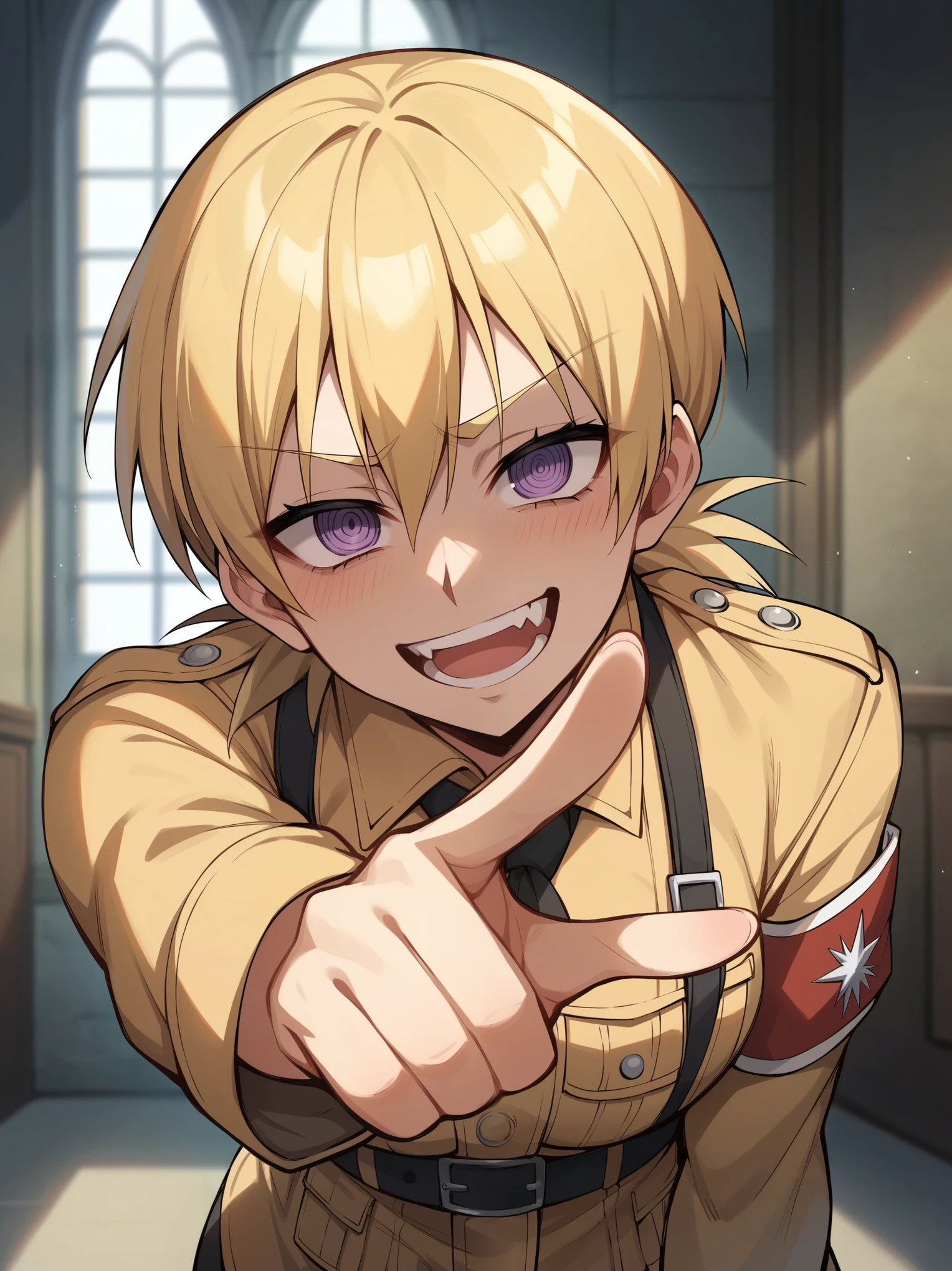 score_9, score_8_up, score_7_up, score_6_up, score_5_up, score_4_up, source_anime, BREAK, seras victoria, hellsing, looking at viewer, pointing at viewer, pointing, holding laugh, giggle,, face closeup, closeup,  pointing at viewer, humiliation, blonde hair, dark blonde hair, indoors, castle, purple eyes, shy, smug 