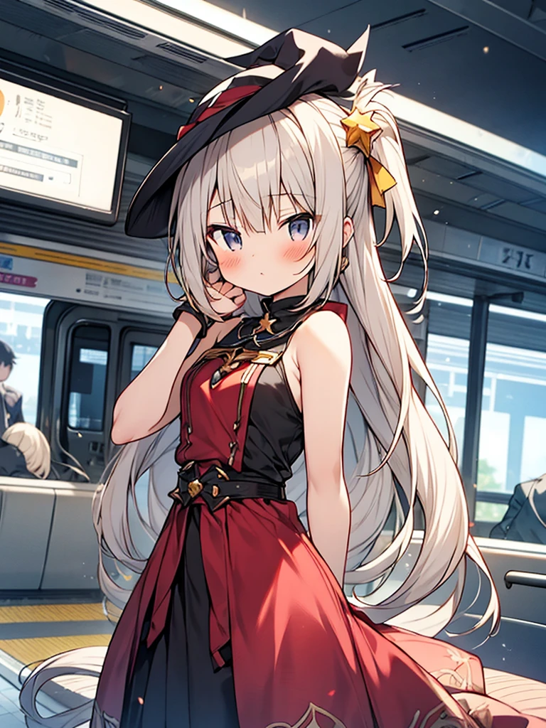 yuyushiki style,1gyaru girl, white witch dress,gray hair,on the train,
Twin tails with white hat,star light in eyes,Clothes made of thin fabric decorated with frills,