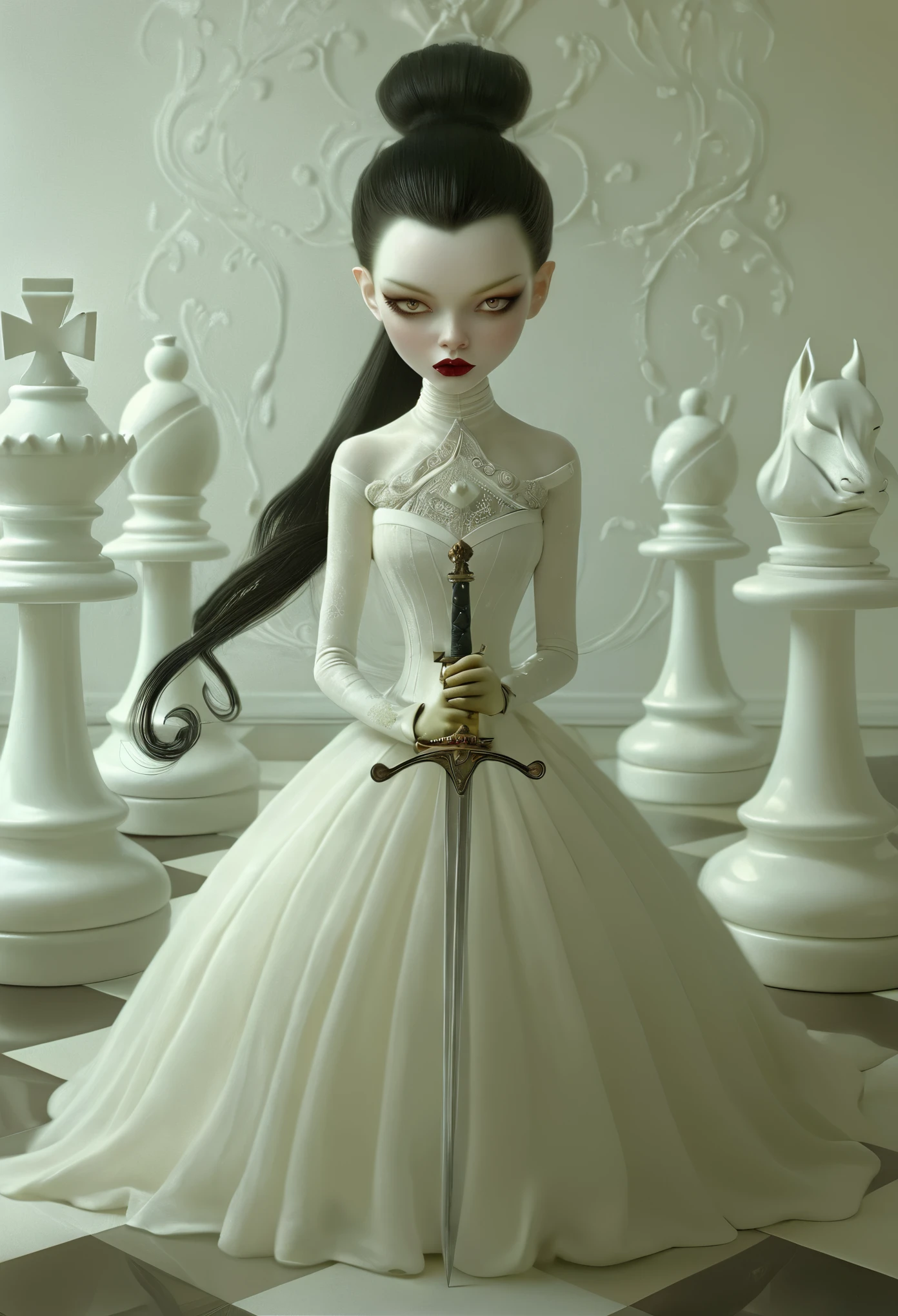 surreal art by ray caesar, perfect female hands hold a sword, chessmen,  High-key lighting Style