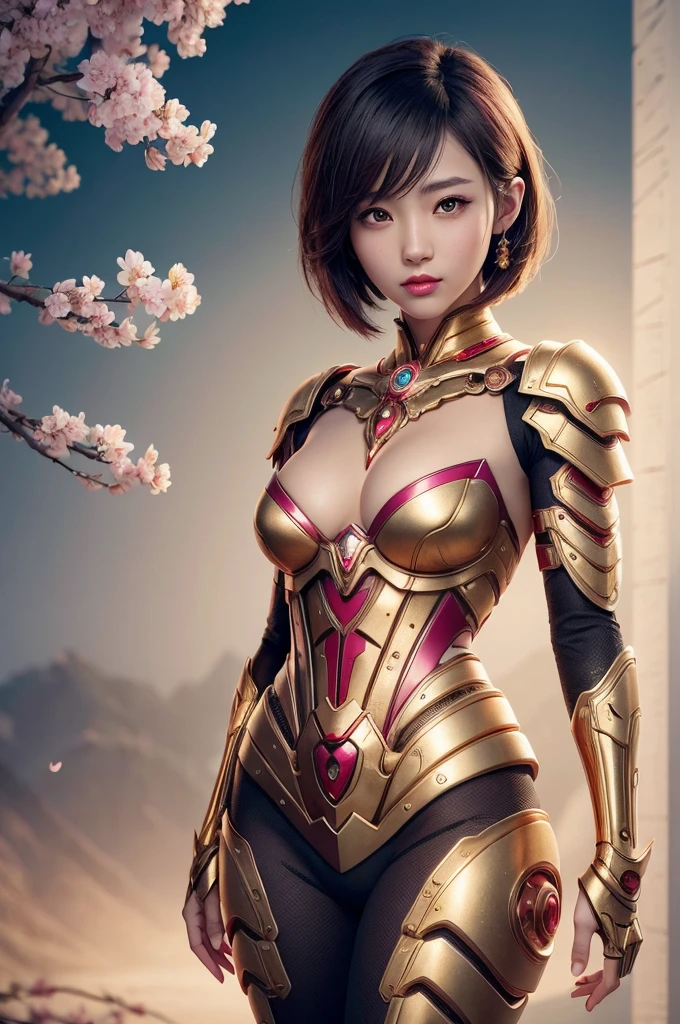 beautiful japanese young woman, wearing cyborg armor made of gold, thick symmetrical features, very short hair, background is cherry blossoms, pink aura, red lips, octane render,