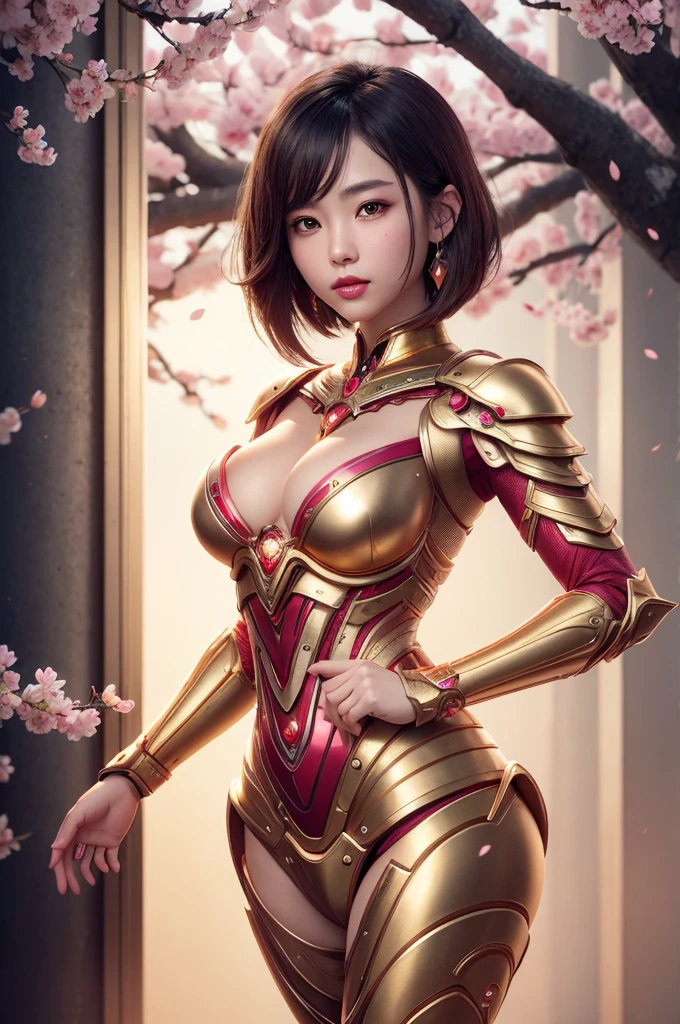 beautiful japanese young woman, wearing cyborg armor made of gold, thick symmetrical features, very short hair, background is cherry blossoms, pink aura, red lips, octane render,